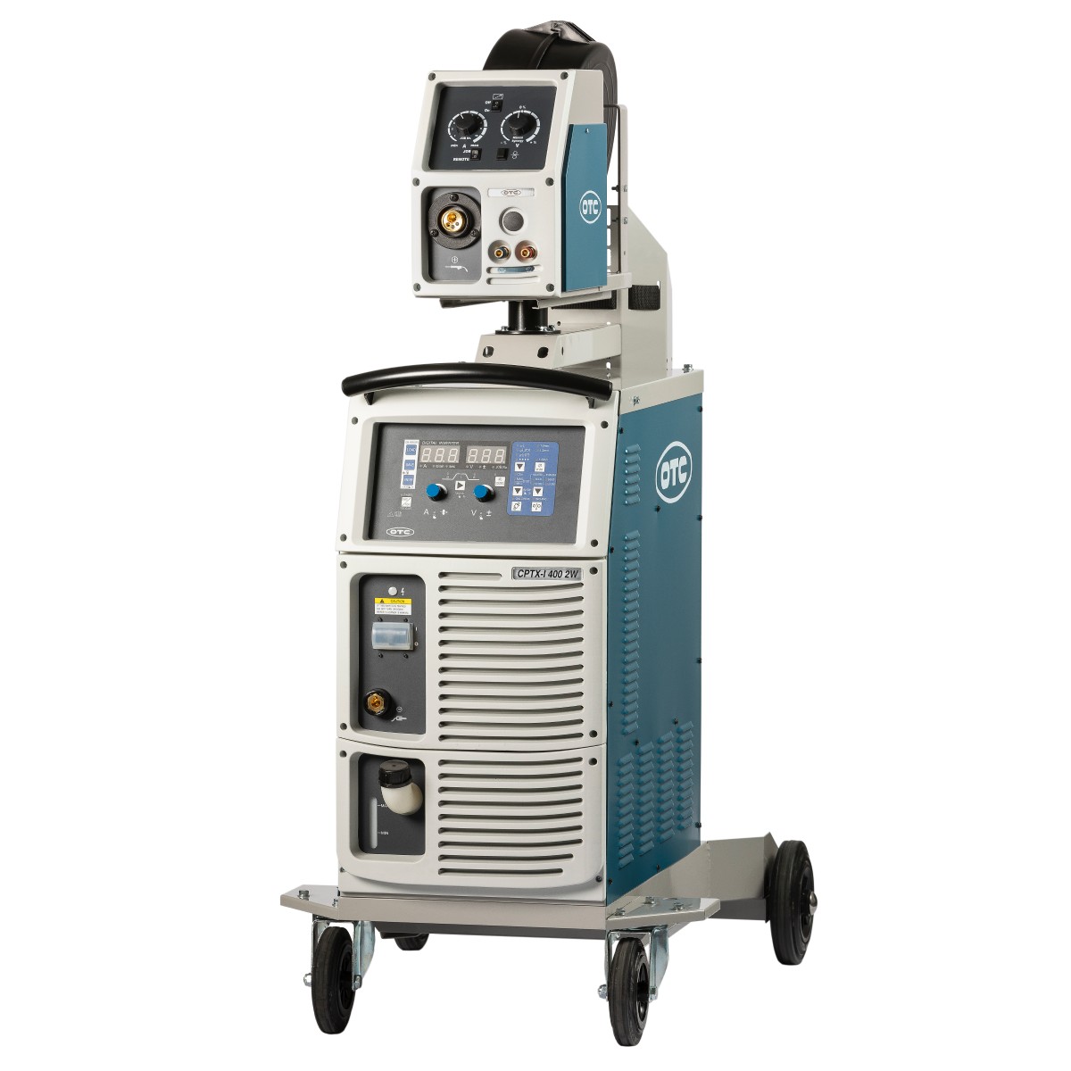 MMA-Schweißinverter auf Fahrgestell mit Bedienfeldern und Anzeigen; oben Drahtvorschub-/Steuereinheit, unten Anschlüsse und Lüftungsgitter, freigestellt.