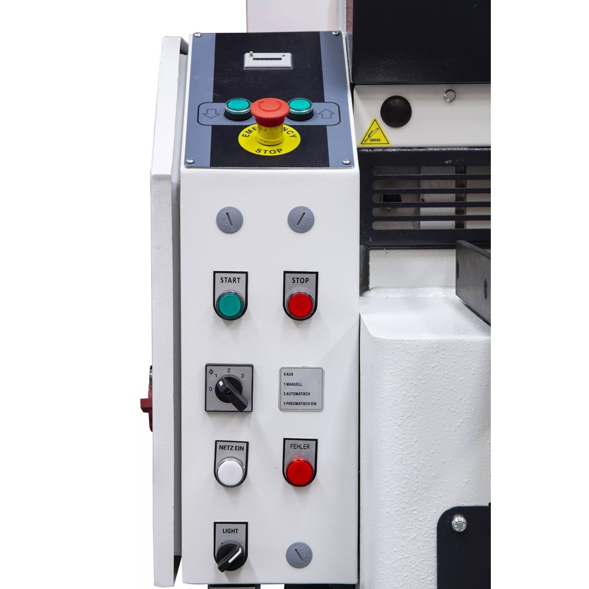 Bedienfeld der ELMAG LRGM 2550-4 mit Start-, Stop-, Not-Aus-Tasten, Betriebswahlschalter und Kontrollleuchten.