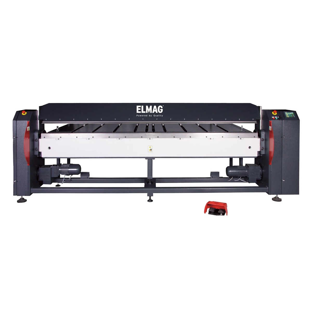 Frontansicht der ELMAG MSL-S Schwenkbiegemaschine mit Biegewange, Auflagetisch, seitlichen Antrieben und Fußpedal.