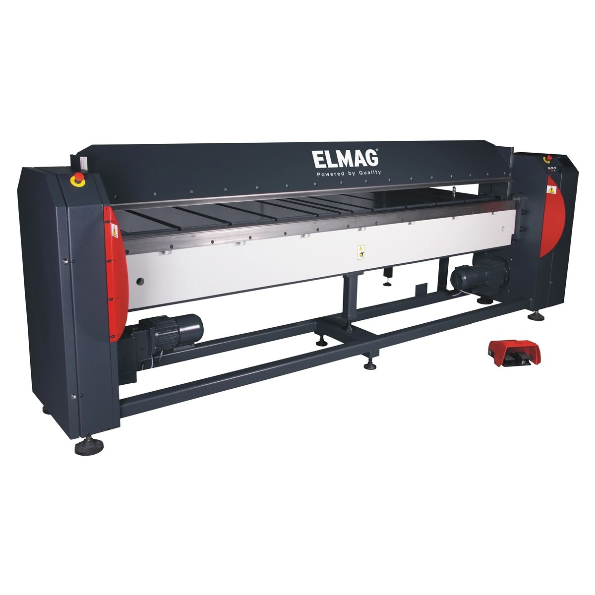 ELMAG MSL-S motorische Schwenkbiegemaschine mit Biegewange, Auflagetisch, zwei Antriebsmotoren und Fußpedal.