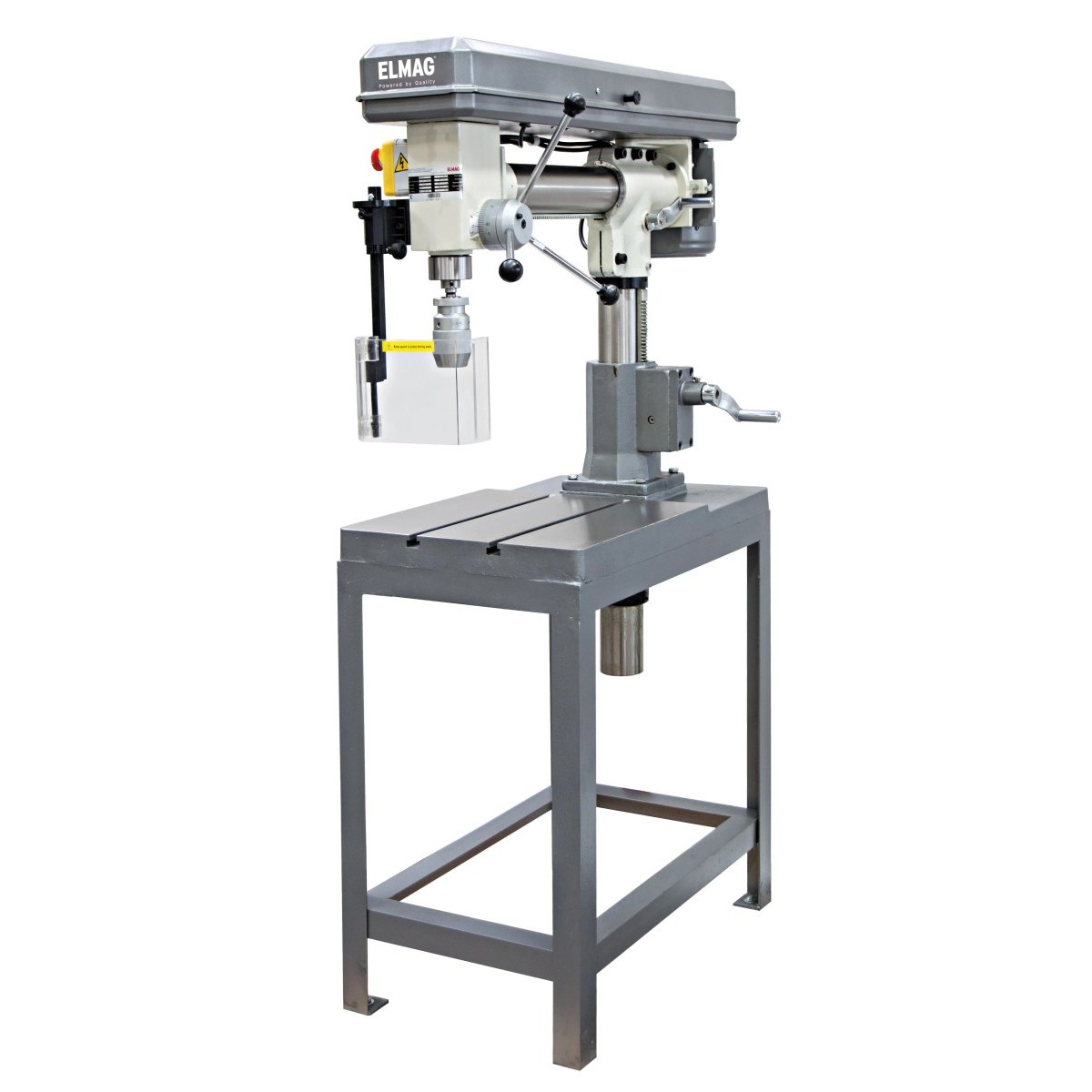 ELMAG Radial-Keilriemen-Tischbohrmaschine RKBM 16 T mit Ausleger, Bohrfutterschutz, Dreifach-Bohrhebel und grauem Untergestell.