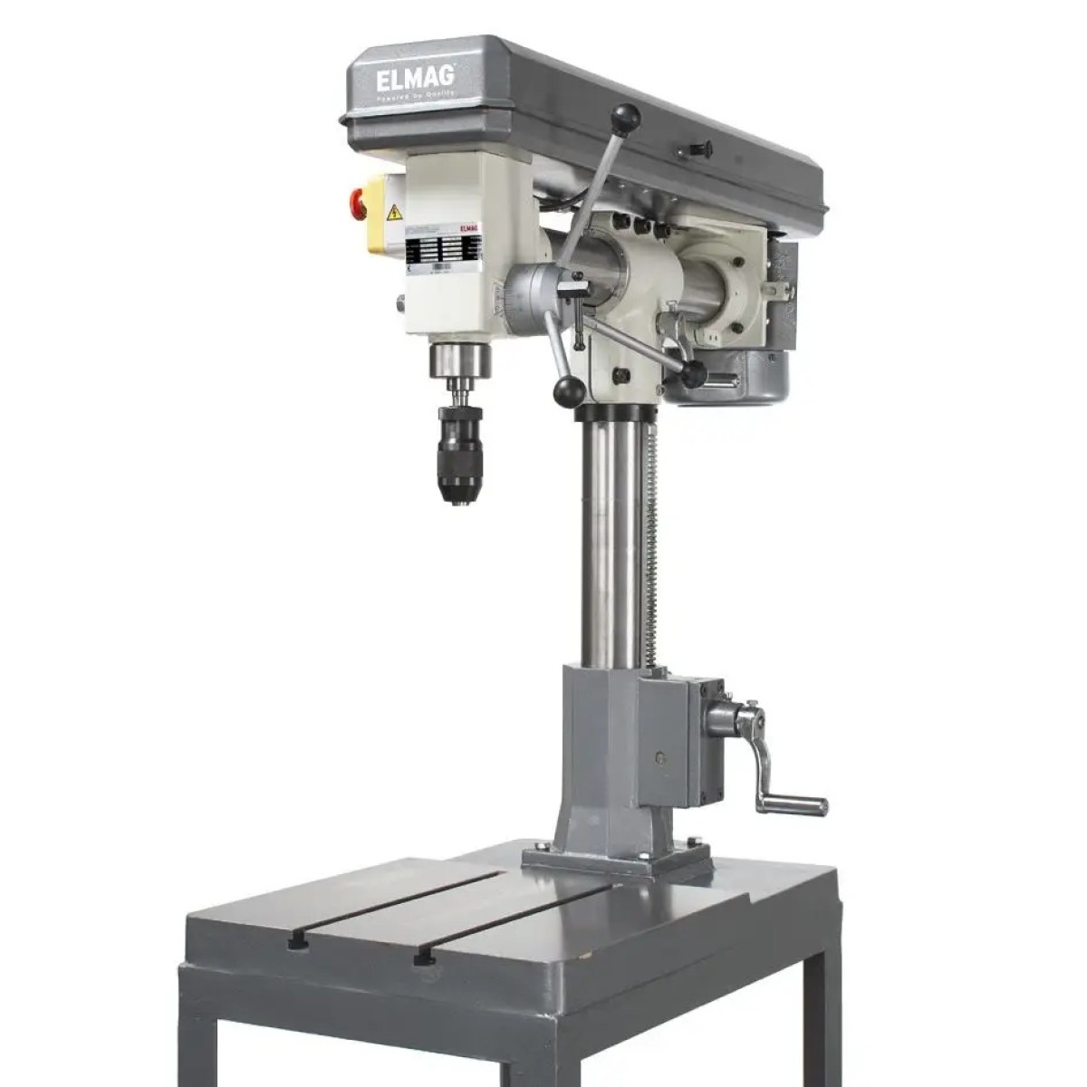 ELMAG Radial-Tischbohrmaschine RKBM 16 T mit waagerechtem Ausleger, Bohrkopf, Dreifach-Bohrhebel und Kurbel zur Höhenverstellung.