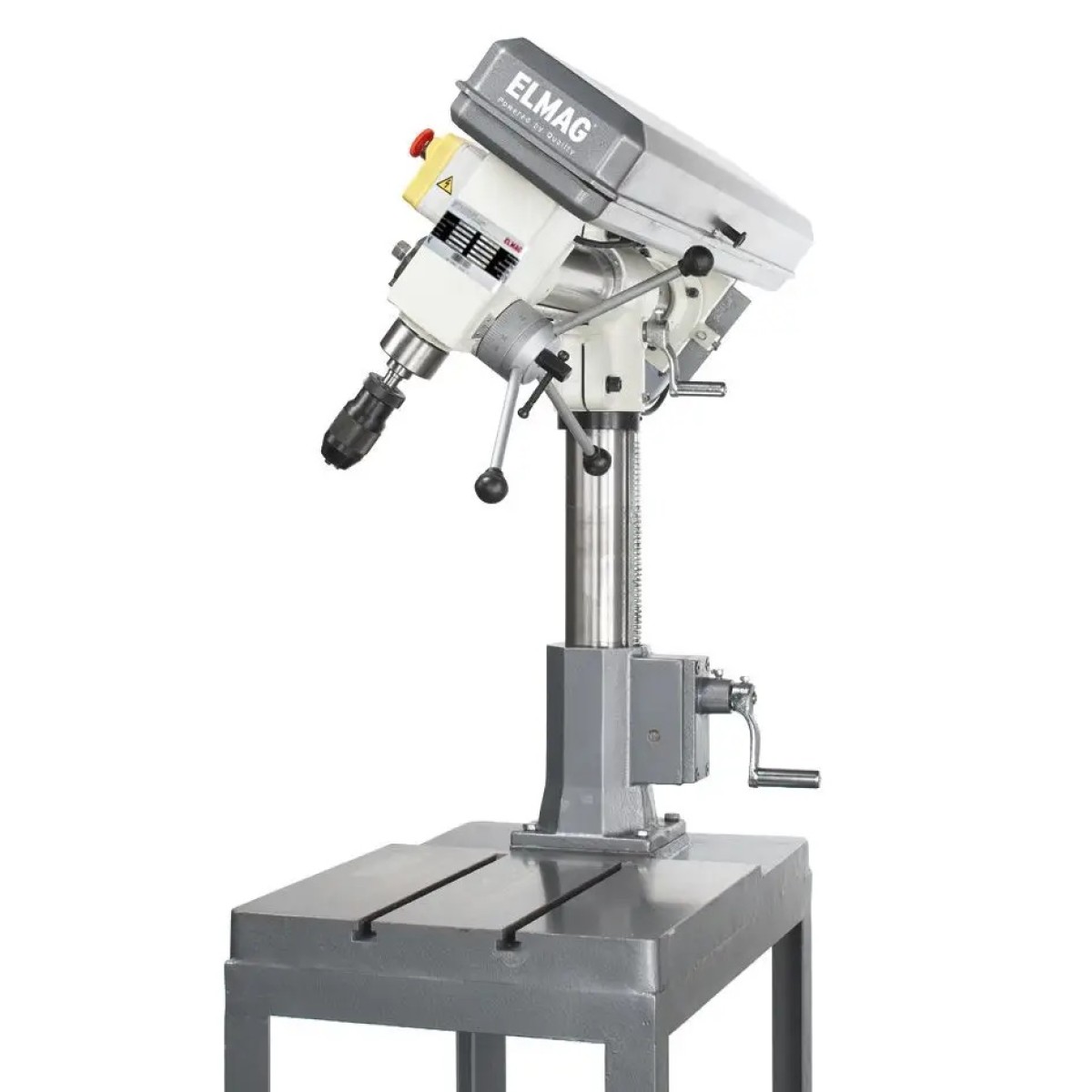ELMAG Radial-Tischbohrmaschine RKBM 16 T mit schräg geneigtem Bohrkopf, Dreifach-Bohrhebel, Bohrfutter und Arbeitstisch.