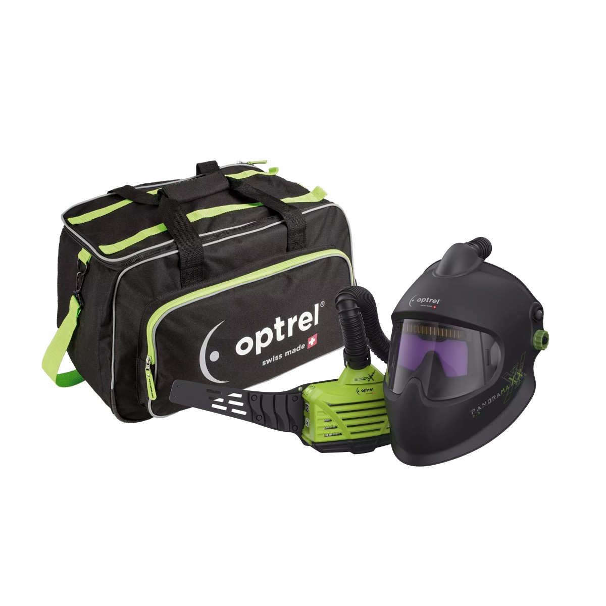 Optrel Panoramaxx Schweißhelm mit Gebläse-Atemschutzsystem, Luftschlauch und Transporttasche.