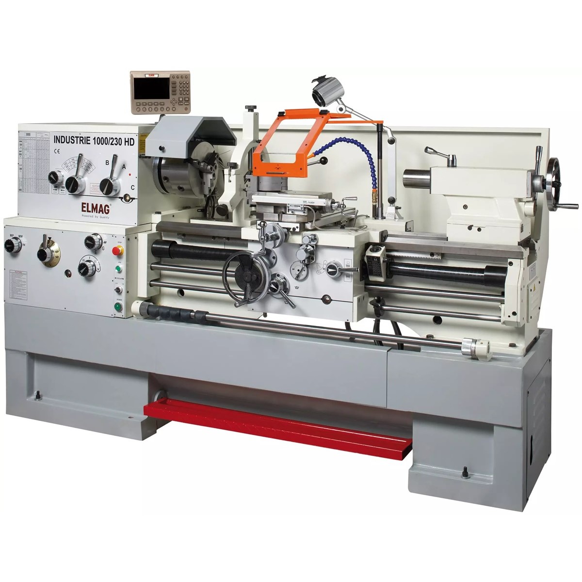 ELMAG INDUSTRIE 1000/230 HD Universal-Drehmaschine mit Drehfutter, Schlitten, Reitstock, Schutzhaube und Digitalanzeige.