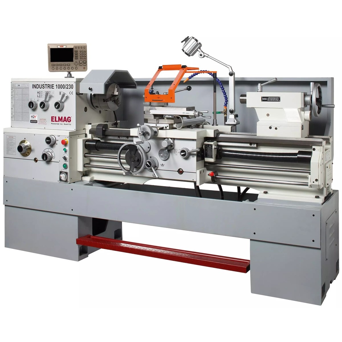 ELMAG INDUSTRIE 1000/230 K Universal-Drehmaschine mit Drehfutter, Schlitten, Reitstock, Schutzhaube und Digitalanzeige.