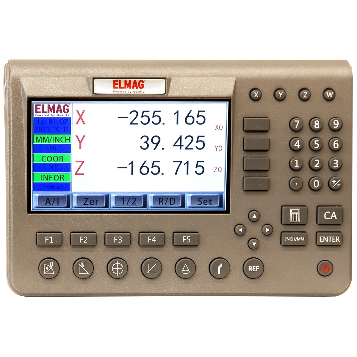Digitale ELMAG Positionsanzeige mit Display für X-, Y- und Z-Achse sowie Ziffern-, Funktions- und Navigationstasten.