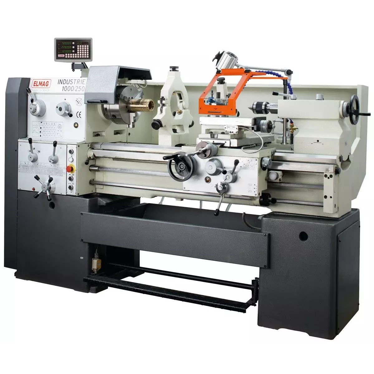 Gesamtansicht der ELMAG INDUSTRIE 1000/250 Universal-Drehmaschine mit Planscheibe, Schlitten, Reitstock und Digitalanzeige.