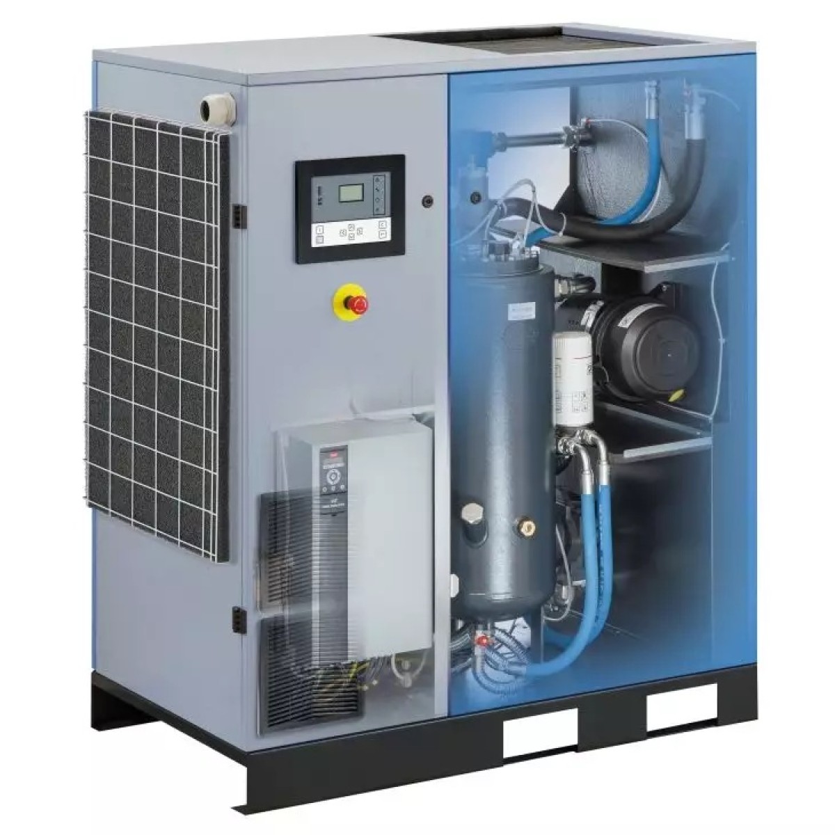 MARK Schraubenkompressor RMB 26 Schraubenkompressor im grauen Gehäuse mit transparentem Seitenteil, sichtbaren Schläuchen, Behälter, Filter und Bedienfeld.