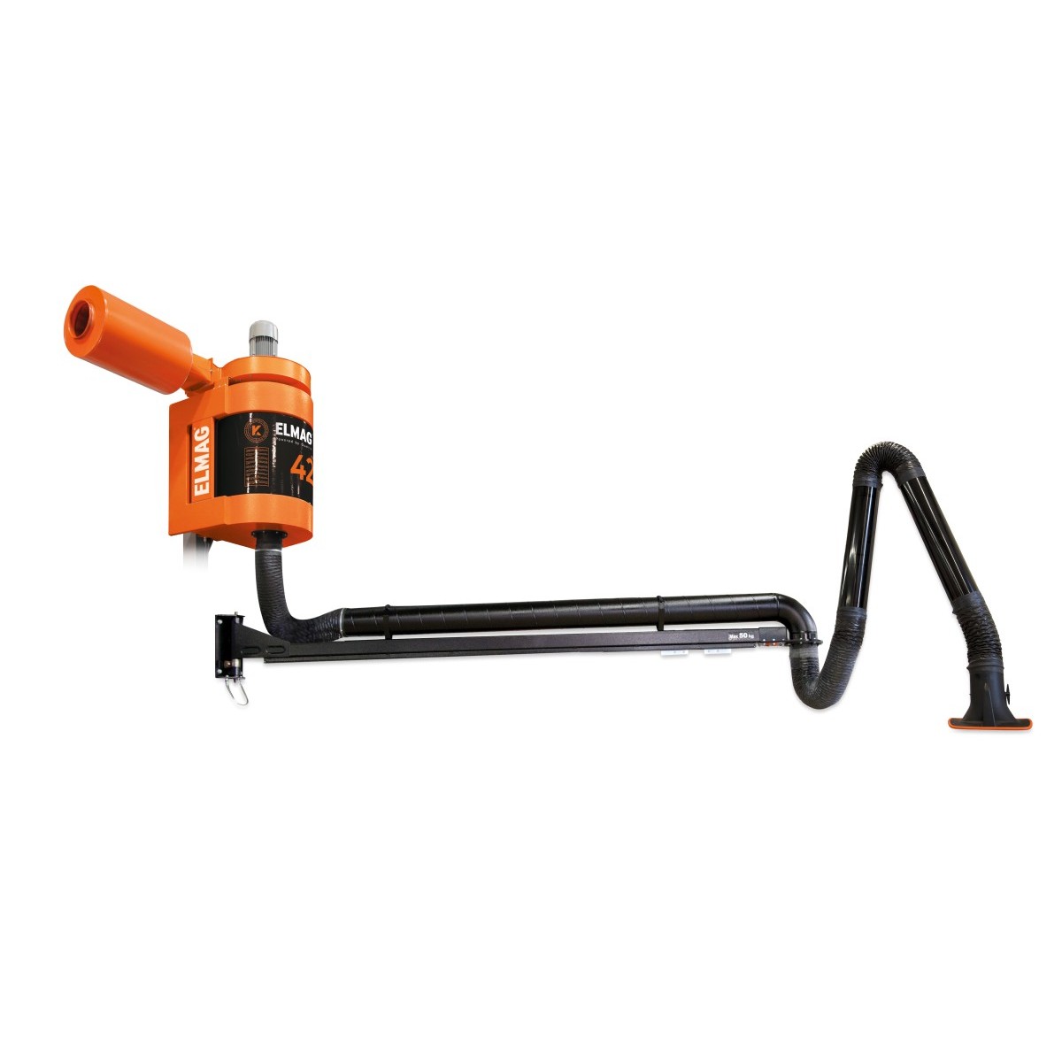 Absaugarm mit orangefarbener Absaugeinheit, schwarzem Gelenkrohr und flexibler Schlauchdüse zur Wandmontage.