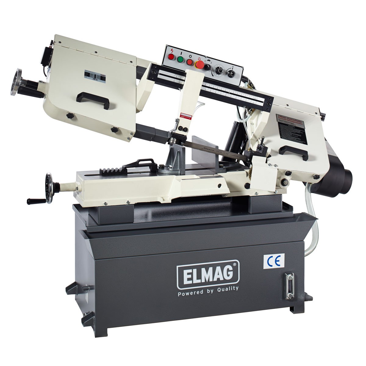 Metall-Bandsägemaschine Modell HY 230 VARIO ELMAG-Metallbandsäge mit schwenkbarem Sägebügel, Schraubstock, Bedienfeld, Handrad und geschlossenem Maschinenunterbau.