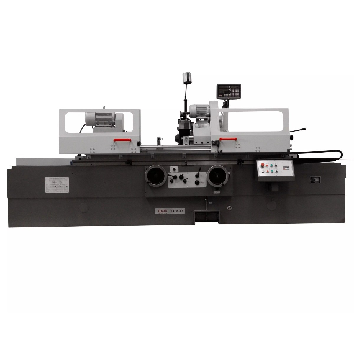 ELMAG-Rundschleifmaschine CG 1500 mit Schutzhauben, Schleifeinheit, Handrädern, Bedienfeld und Digitalanzeige.