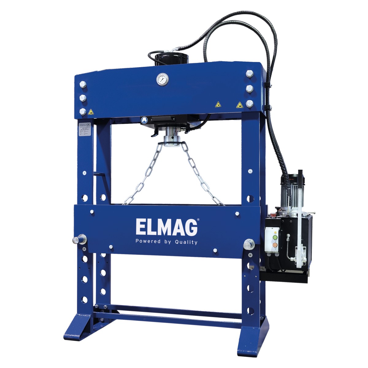 Blaue ELMAG Werkstattpresse mit Hydraulikzylinder, Manometer, Ketten und seitlicher Hydraulikeinheit.
