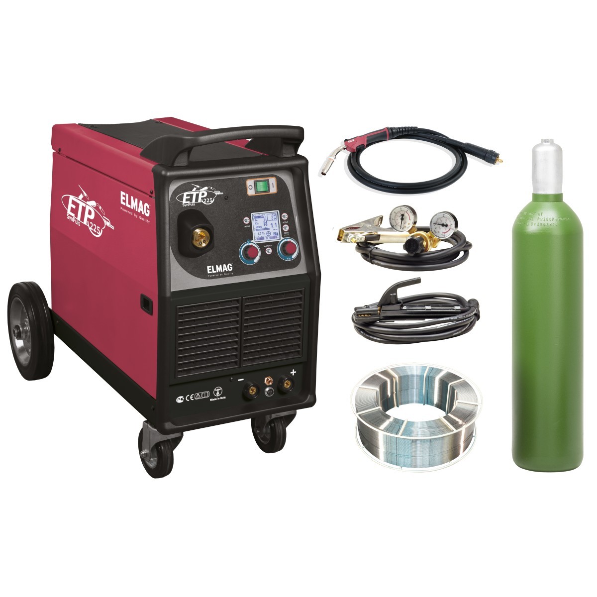 ELMAG ETP 225 SynPuls Schweißgerät mit Brenner, Gasflasche, Druckminderer, Massekabel und Drahtrolle.