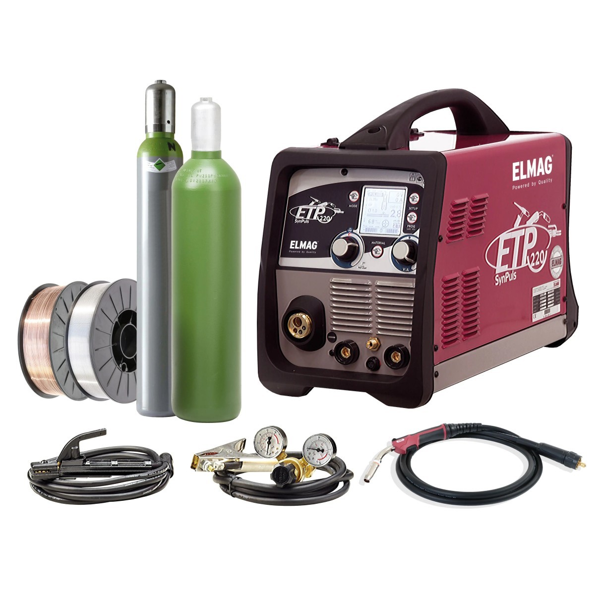 ELMAG ETP 220 SynPuls Schweißgerät mit zwei Gasflaschen, Drahtrollen, Brenner, Massekabel und Druckminderer.