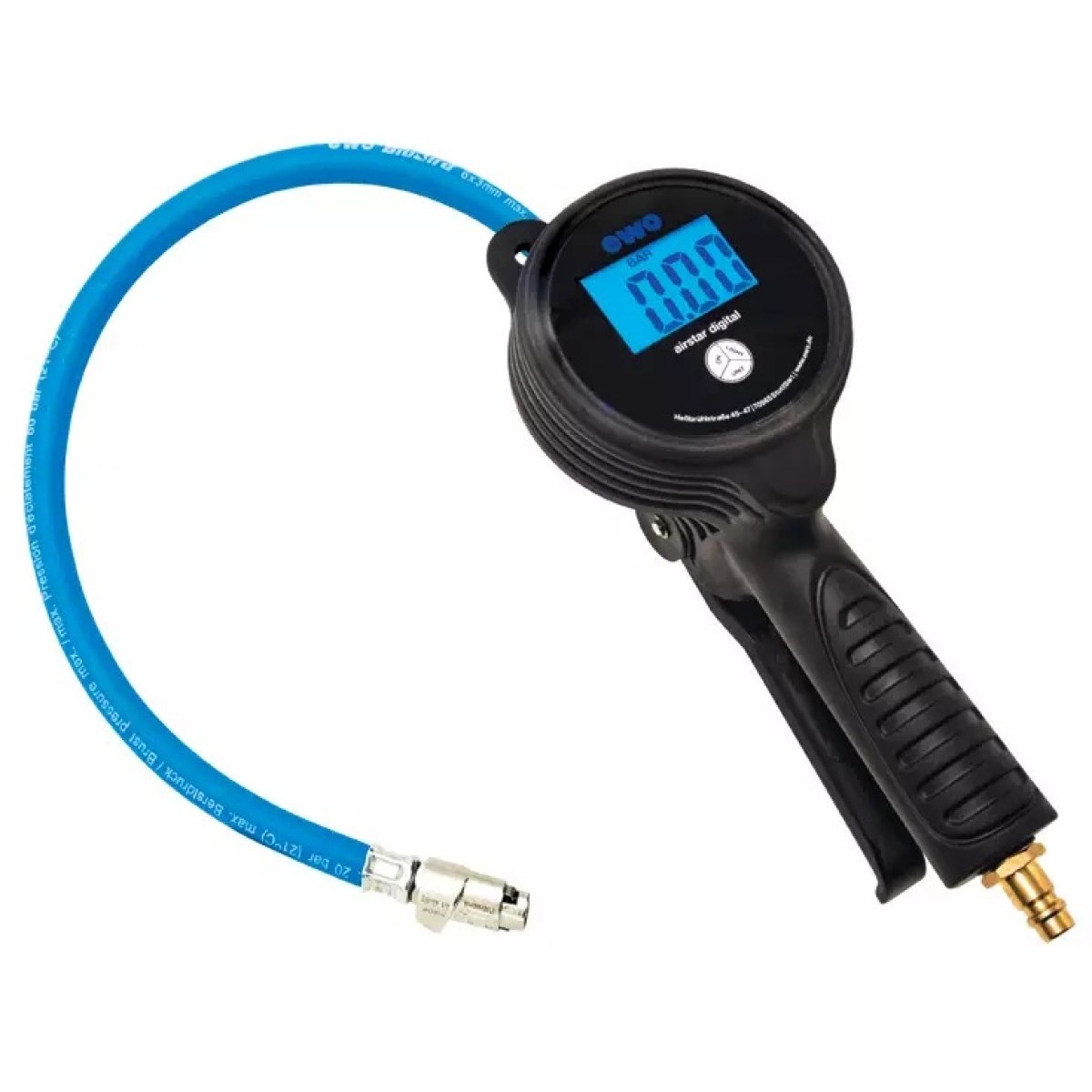 Digitaler Reifenfüller mit blau beleuchtetem Display, schwarzem Handgriff, Druckluftanschluss und blauem Schlauch mit Kupplung.