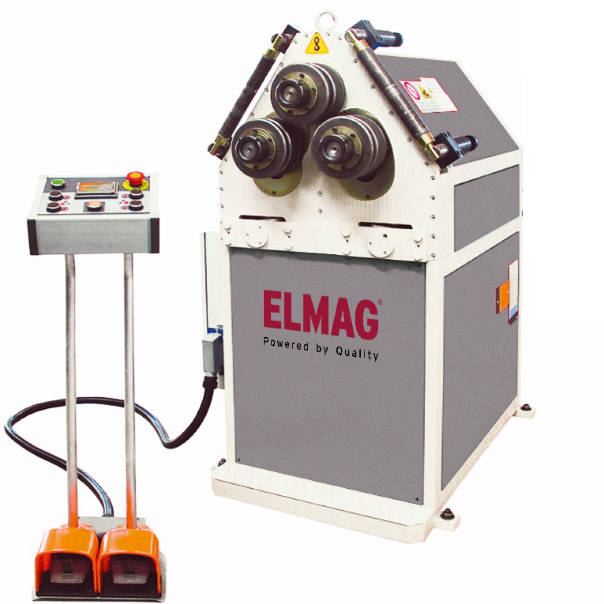 ELMAG-Profilbiegemaschine mit drei Rollen, separatem Bedienpult, Not-Aus-Schalter und zwei Fußpedalen.