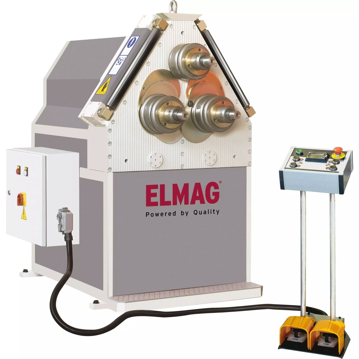 ELMAG-Profilbiegemaschine mit drei Rollen, Schaltschrank, Bedienpult und zwei Fußpedalen.