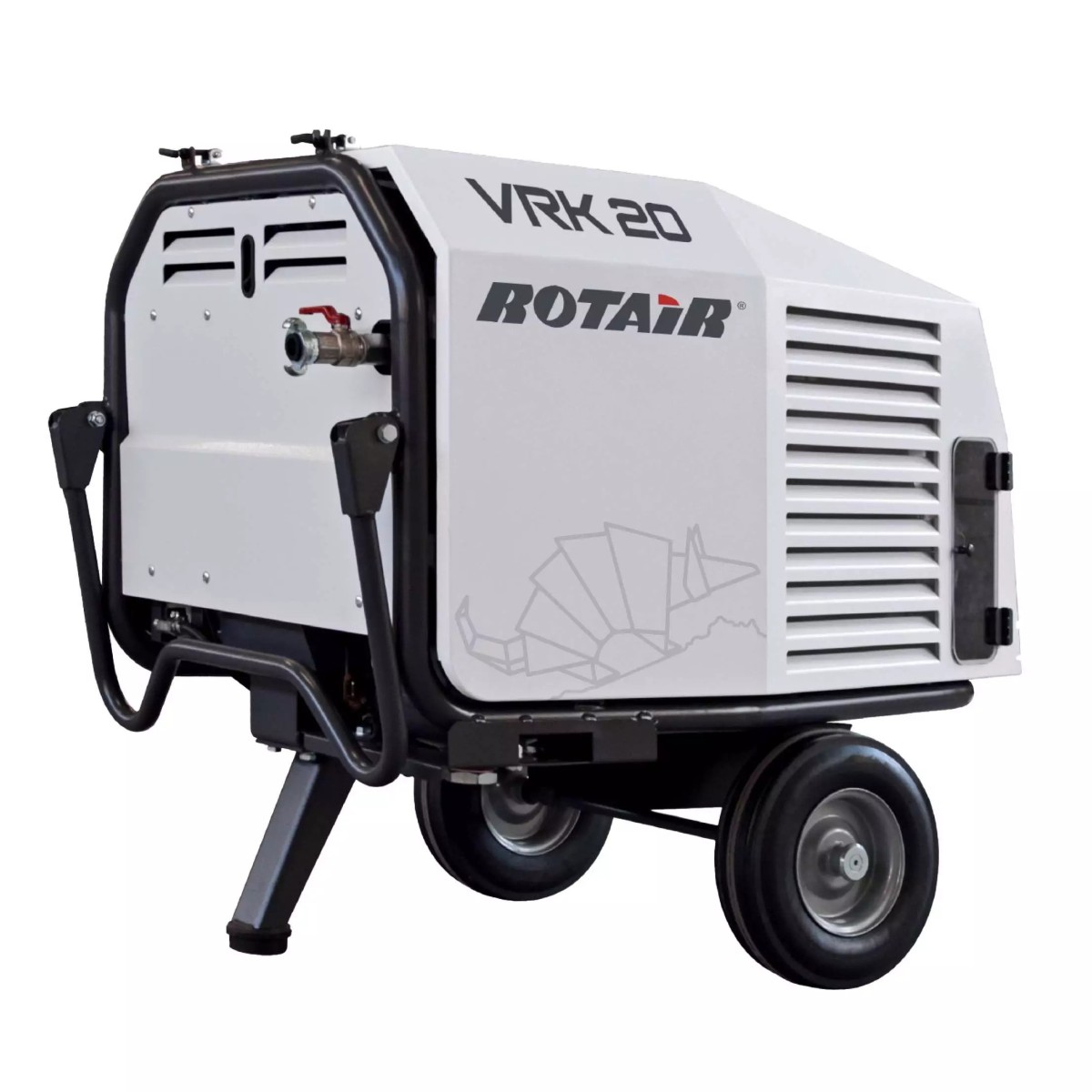 Mobiler ROTAIR VRK 20 Kompressor im weißen Gehäuse mit Lüftungsschlitzen, Rohrrahmen, Rädern und Stützfuß.
