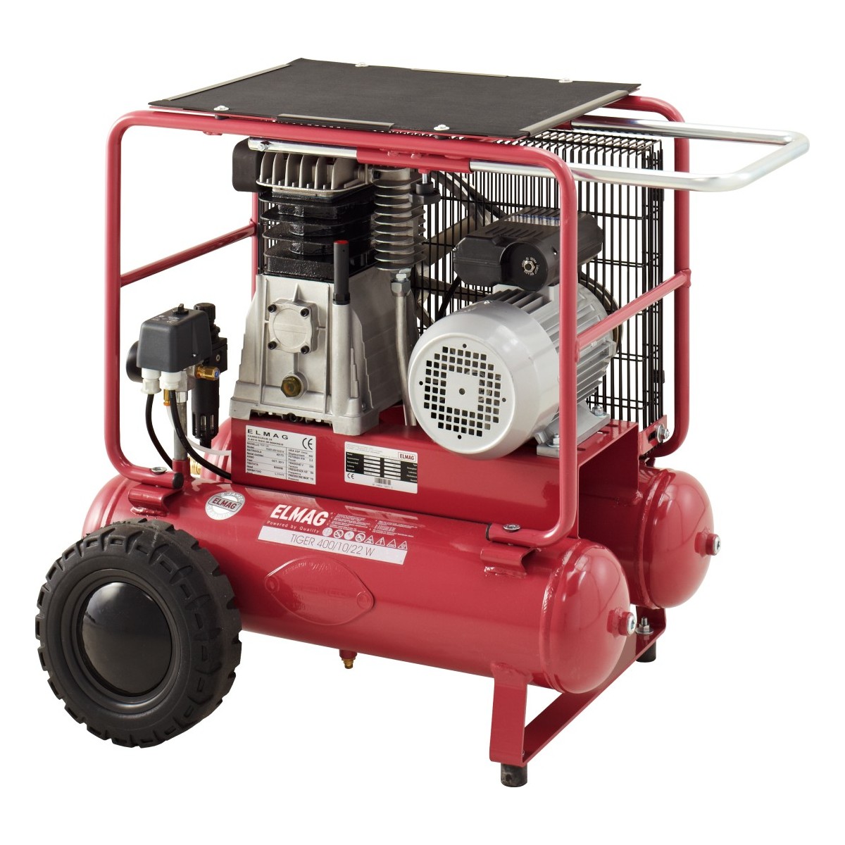 Roter Kompressor im Schutzrahmen mit großem Rad, Elektromotor, Pumpeneinheit und Tragegriff; seitlich Gitterabdeckung und Typenschilder.