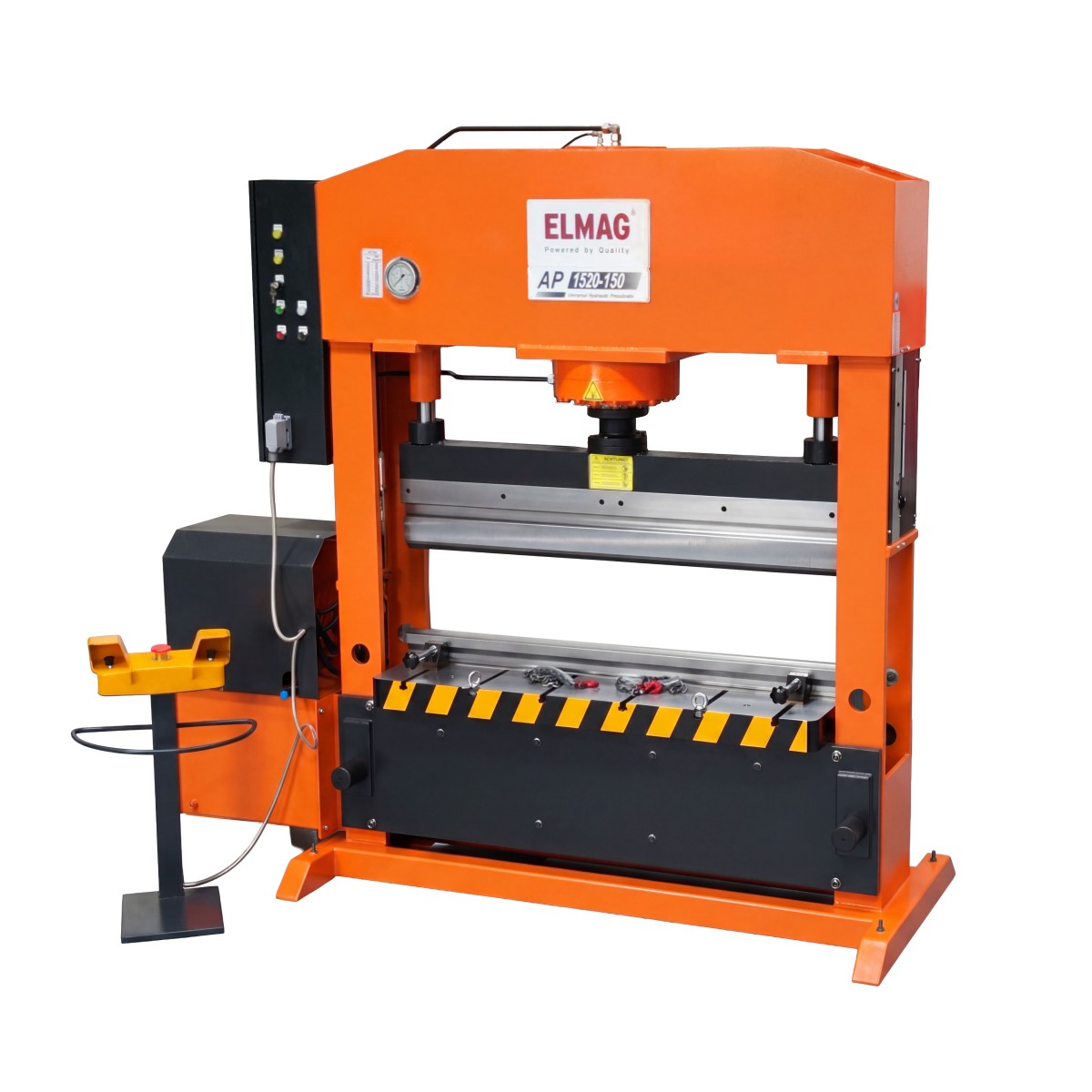 Orange ELMAG-Werkstattpresse mit Manometer, Bedienfeld, Pressbalken, Schutzabdeckung und separatem Bedienpult.