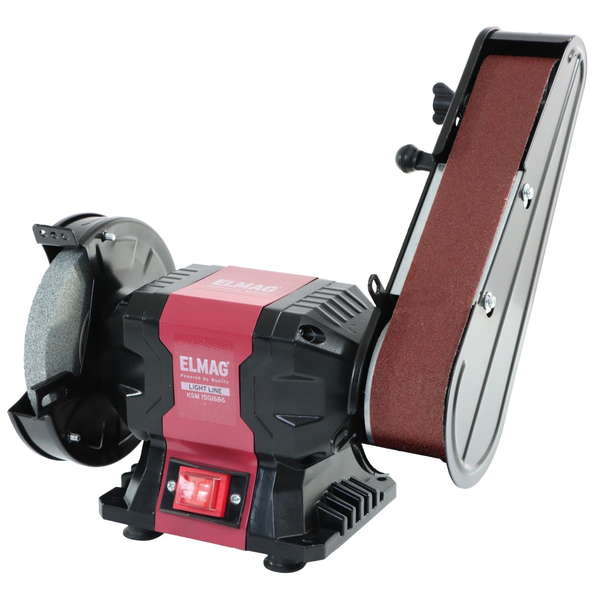 Kombiniertes Schleifgerät mit links montierter Schleifscheibe und rechts vertikalem Bandschleifer, schwarzes Gehäuse mit rotem Mittelteil, Tischgerät.