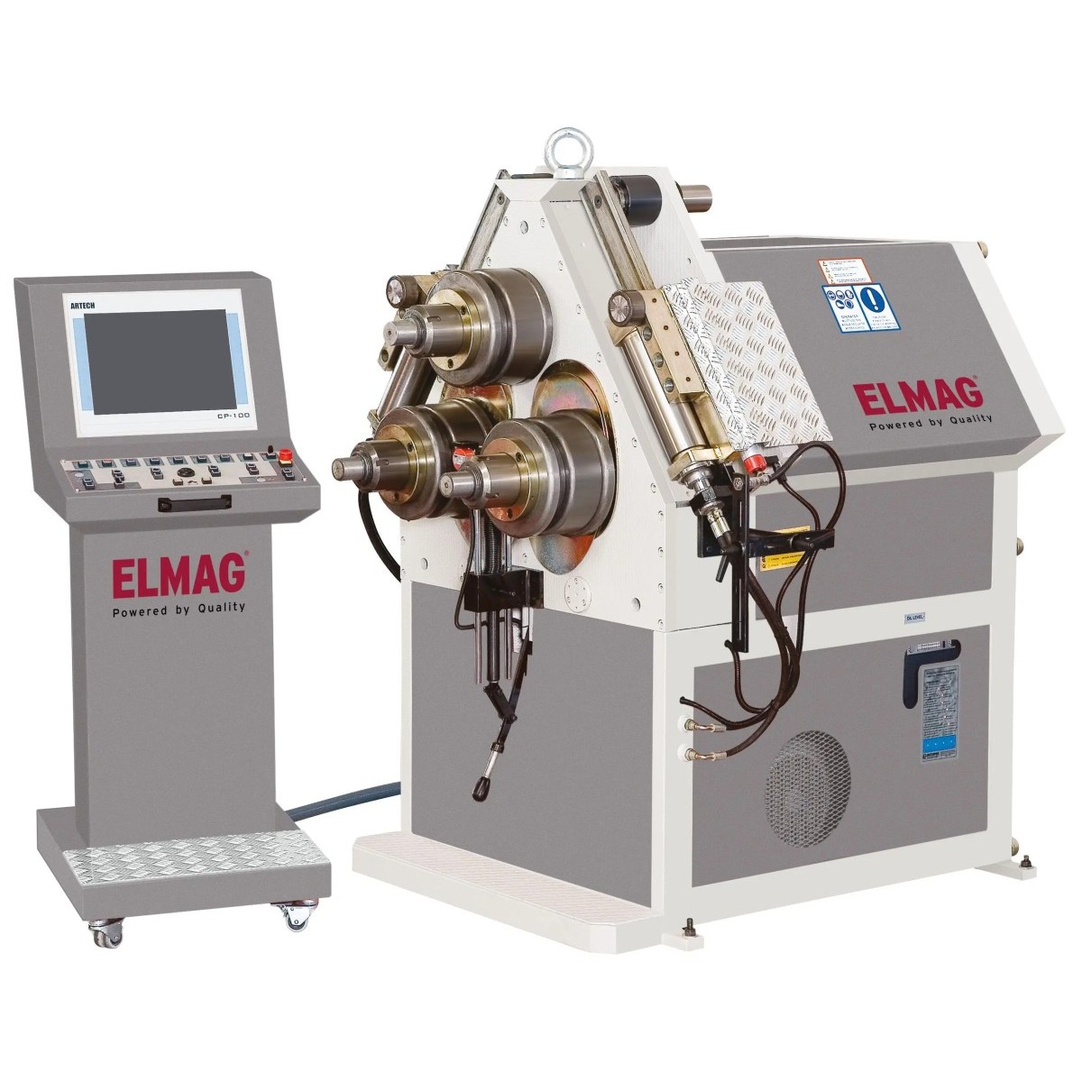 ELMAG-Profilbiegemaschine mit drei Rollen, Hydraulikzylindern und separatem Bedienpult mit Bildschirm.
