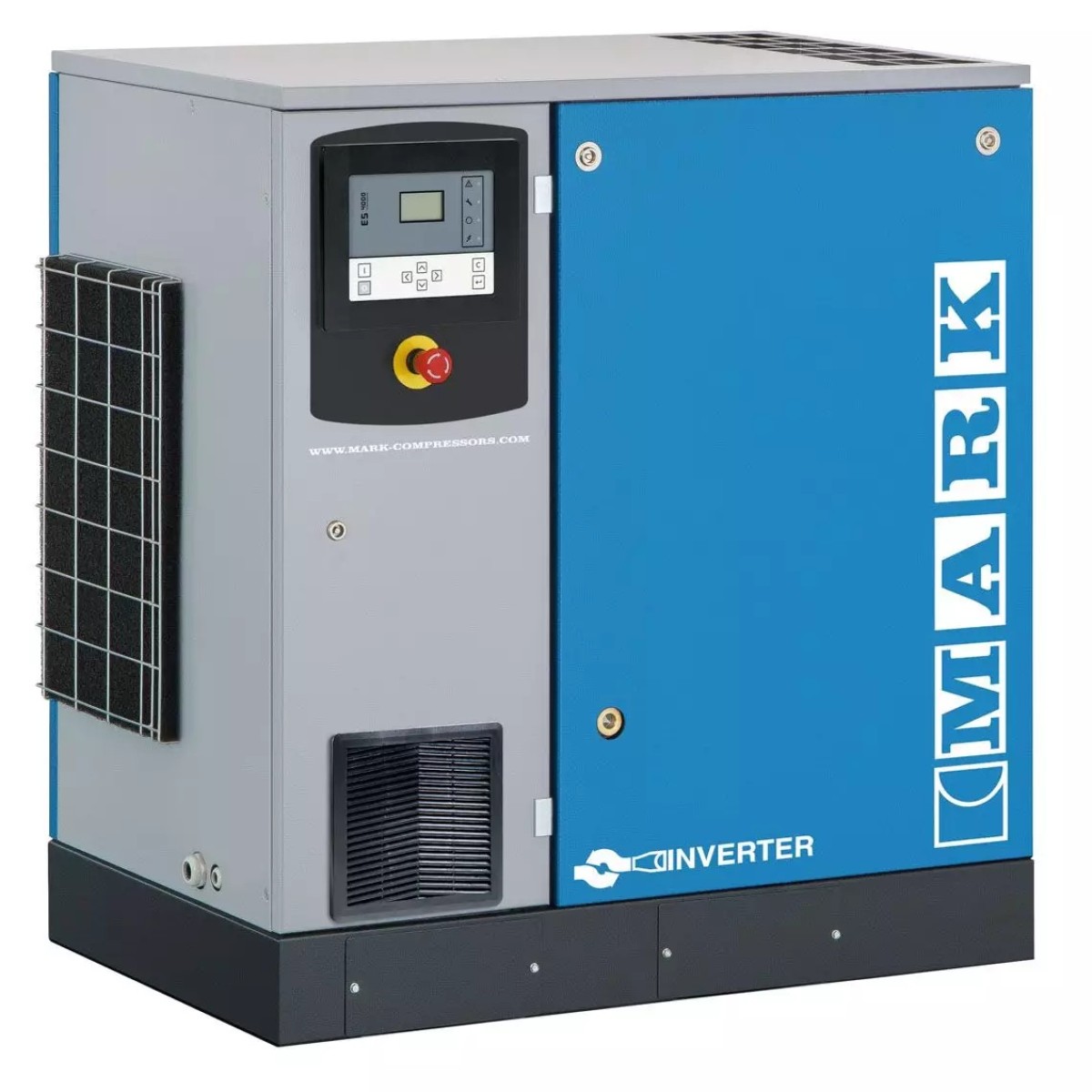 Geschlossener MARK-Inverter-Schraubenkompressor mit Bedienfeld, Not-Aus-Schalter und schallgedämmtem blau-grauem Gehäuse.