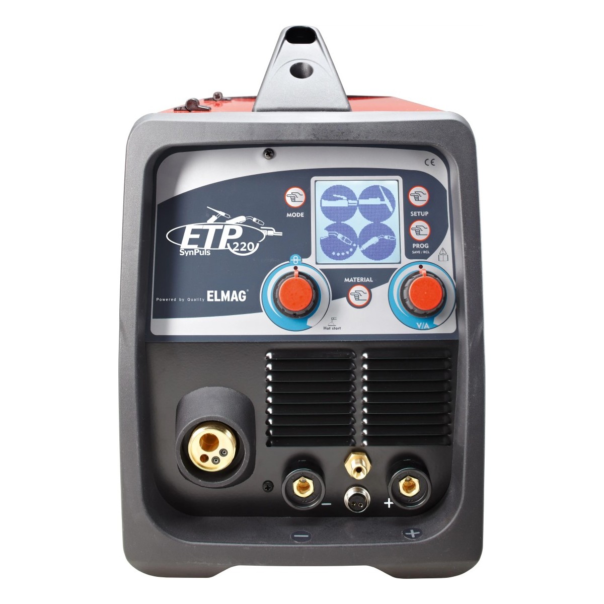 Multifunktions-Schweißinverter, - STAHL-ALU-SET Frontansicht des ELMAG ETP 220 SynPuls Schweißgeräts mit Display, zwei Drehreglern, Tasten und mehreren Anschlüssen.