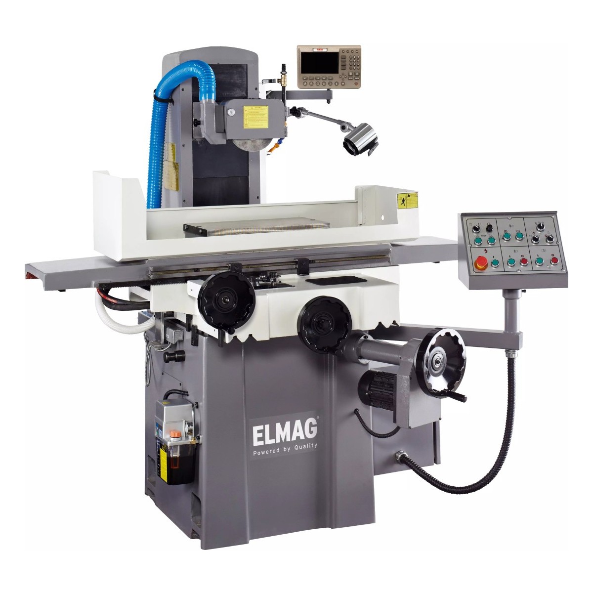 ELMAG-Flachschleifmaschine mit Schleiftisch, Handrädern, Bedienpult, Digitalanzeige, Arbeitsleuchte und Absaugschlauch.