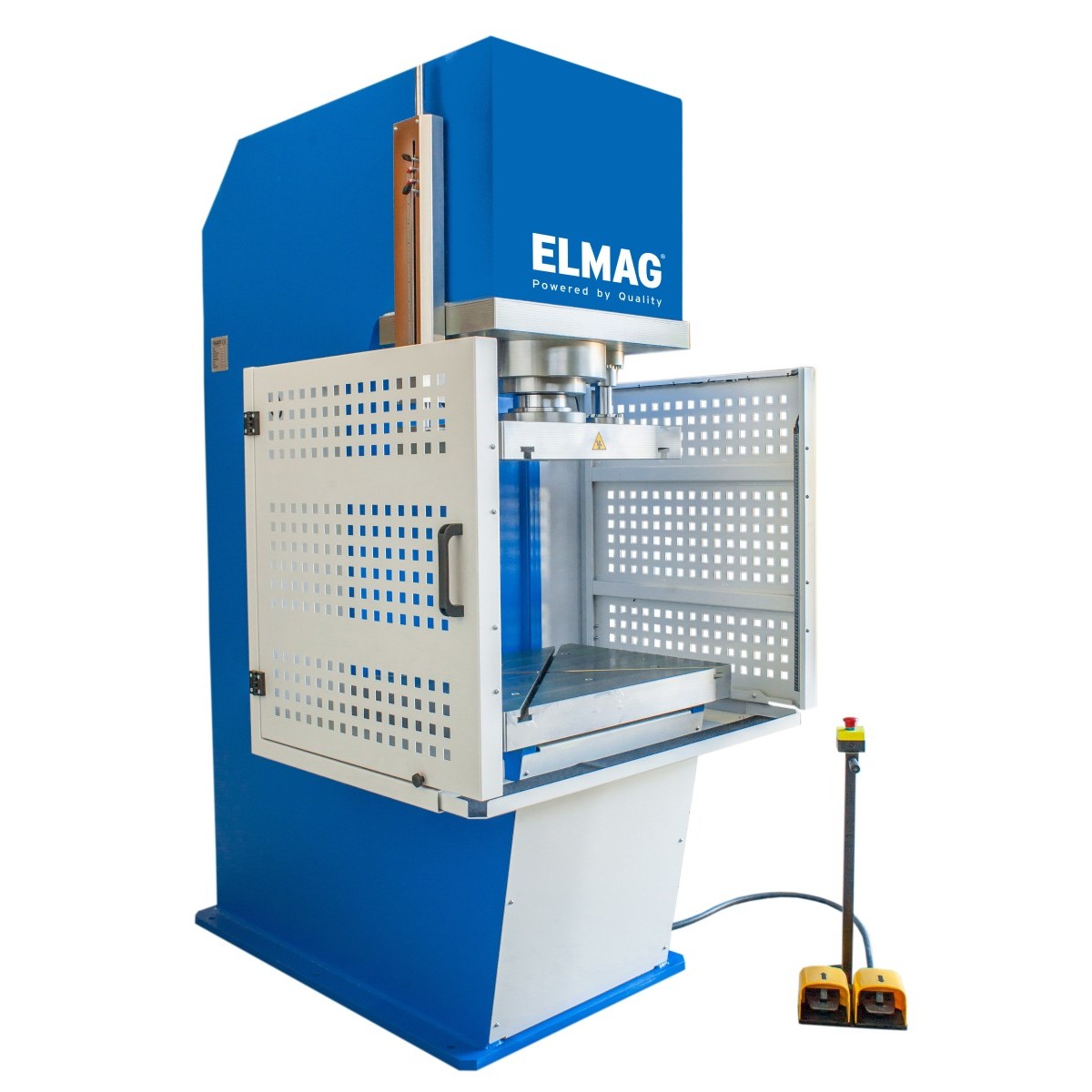Blaue ELMAG-Industriepresse mit geöffnetem Schutzgitter, Arbeitstisch, Fußpedalen und Not-Aus-Schalter vor weißem Hintergrund.
