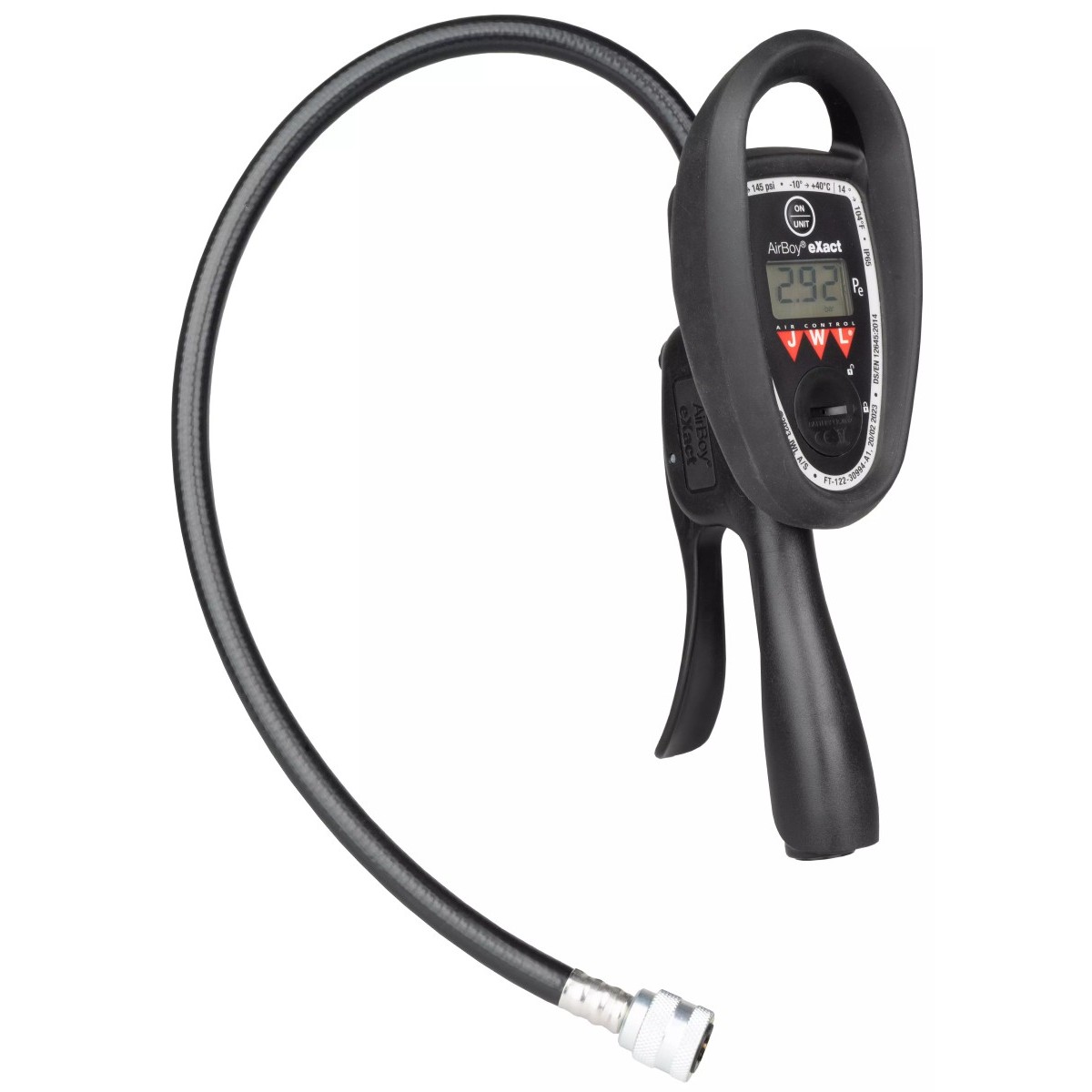 Reifenfüller JWL DIGITAL 0-10 bar Digitales Reifenfüllgerät mit Griff, Display und Abzug; flexibler Schlauch mit Schnellkupplung, freigestellt vor weißem Hintergrund.