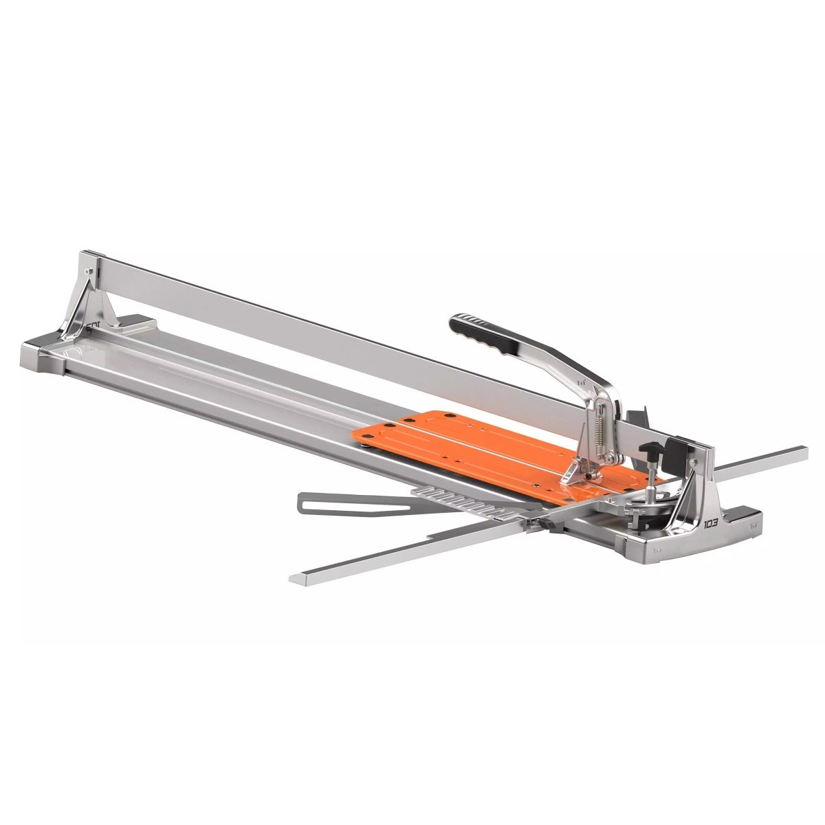 Manueller Fliesenschneider mit langer Führungsschiene, Hebel, Winkelanschlag und orangefarbener Auflageplatte.
