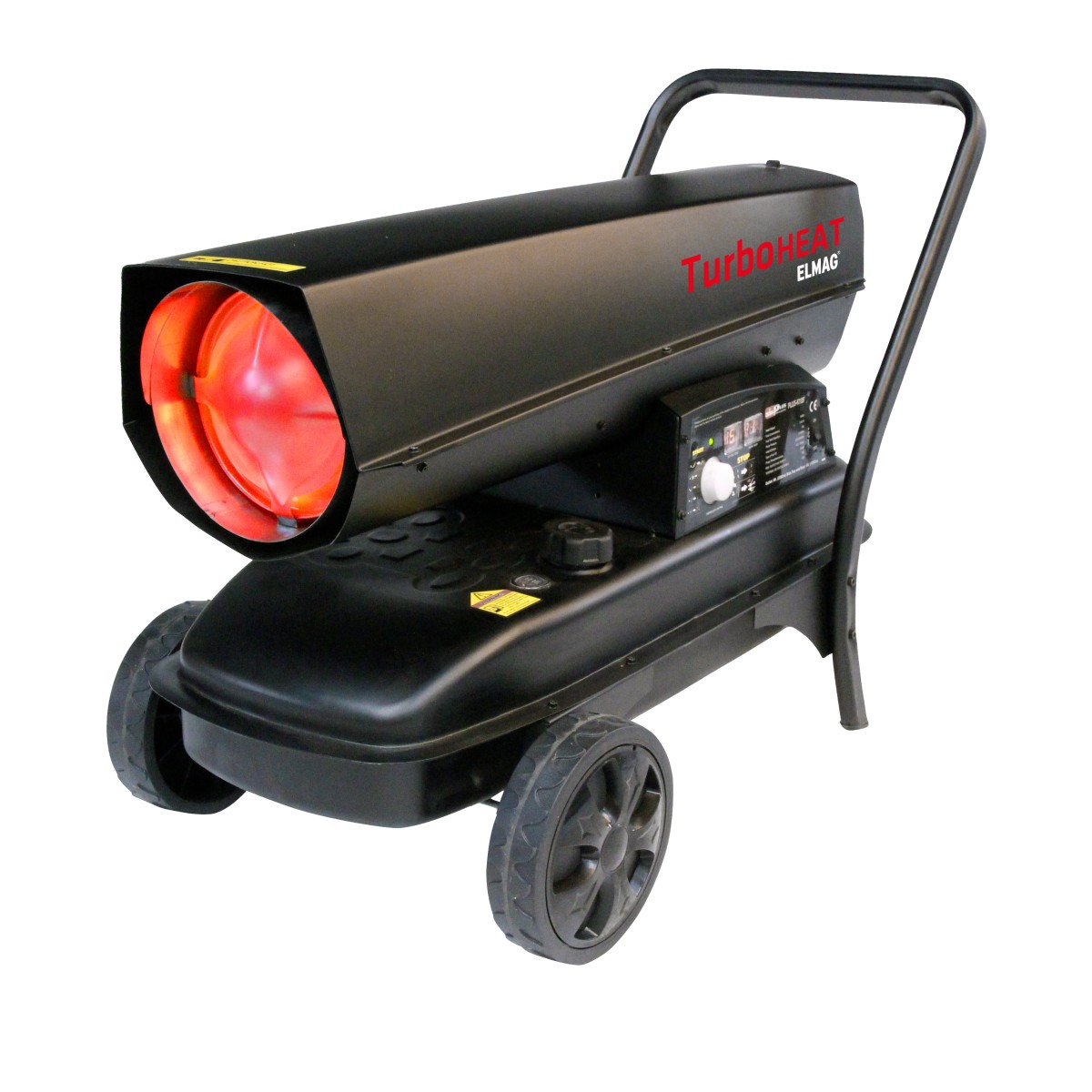 Mobiles Dunkelstrahl-Heizgerät mit großem Heizrohr, Griff und Rädern, seitlich fotografiert.