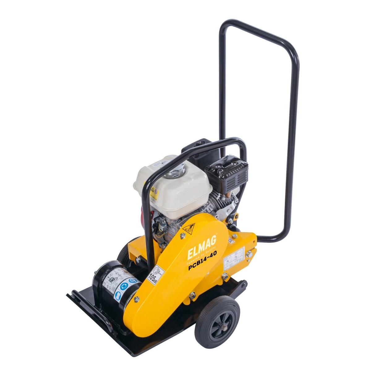 Gelbe Rüttelplatte mit Benzinmotor, großem Griffbügel und zwei Rädern, schräg von oben fotografiert.