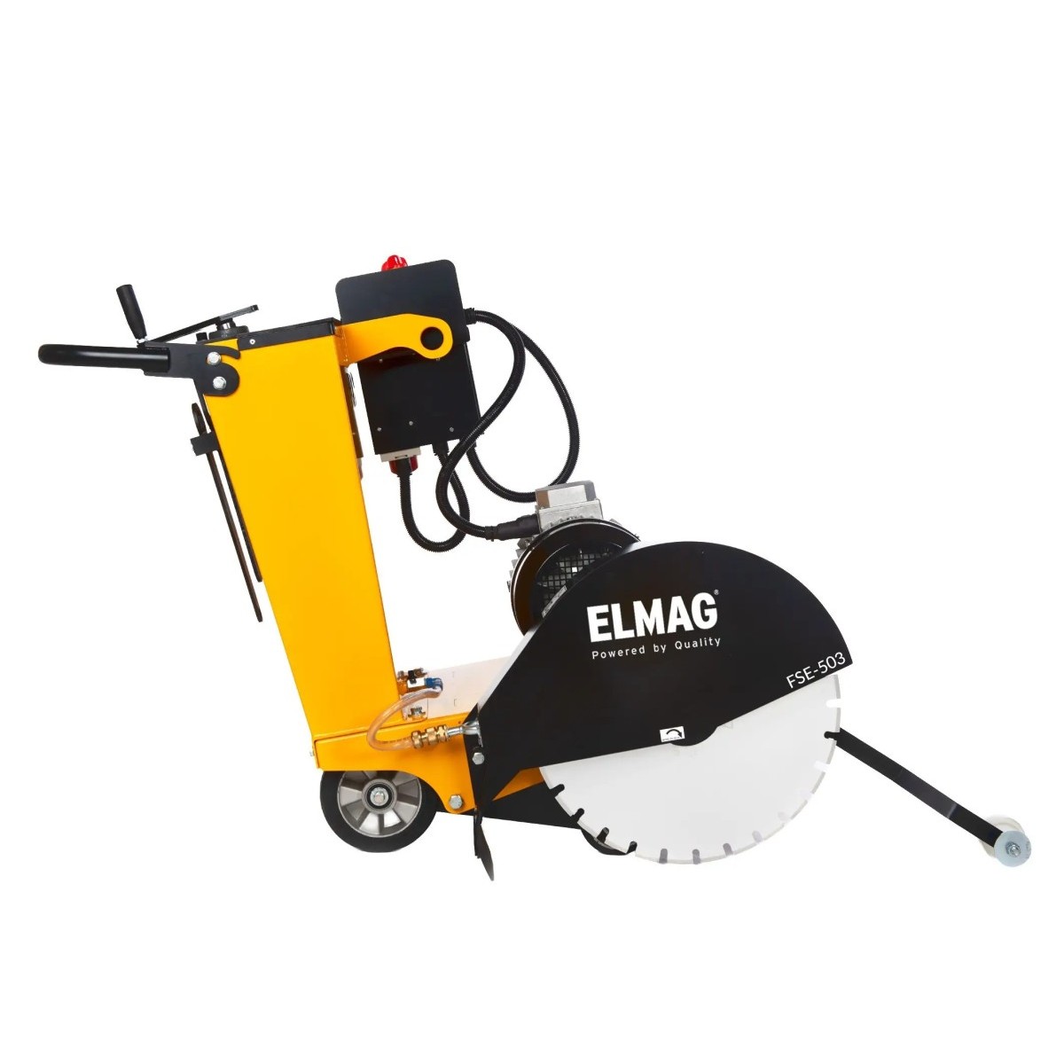Seitenansicht der ELMAG-Fugenschneidmaschine mit großem Schneidblatt, Elektromotor, Griffen und kleinen Laufrädern.