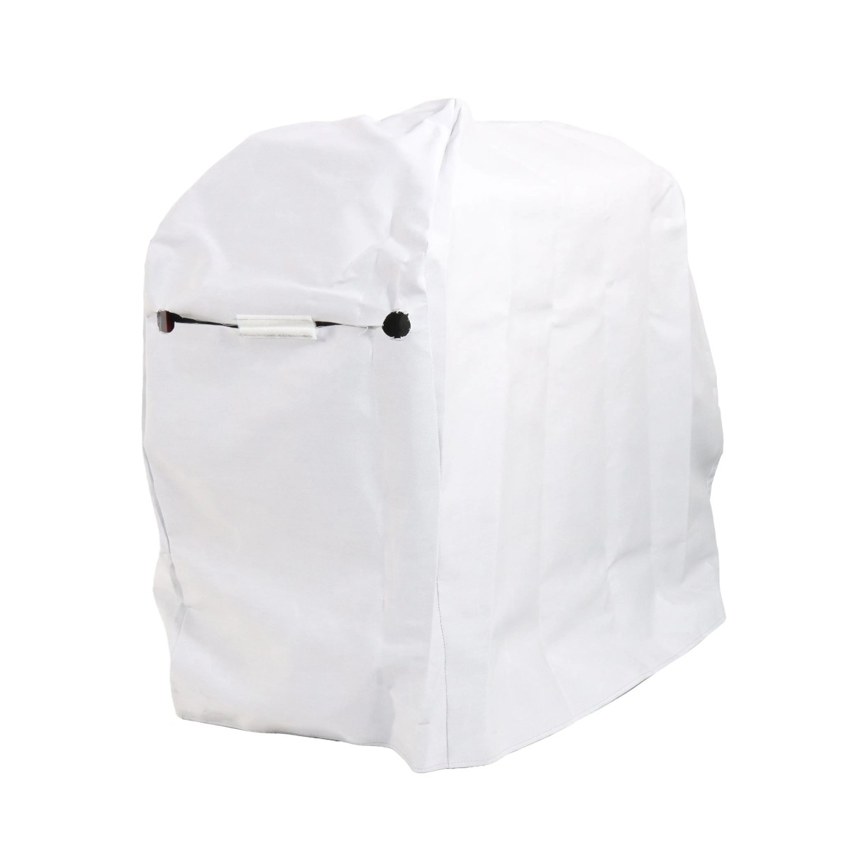 Textil-Abdeckhaube zu M3S 2060T - 3540T 4XL Weiße Schutzhaube für ein Gerät, vollständig übergezogen, mit seitlicher Öffnung und kleinem runden Durchlass.
