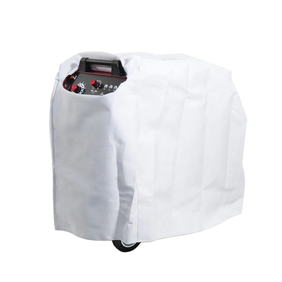 Weiße Schutzhaube über einem fahrbaren Gerät, oben mit sichtbarem Griff und teilweise freigelegtem Bedienfeld.