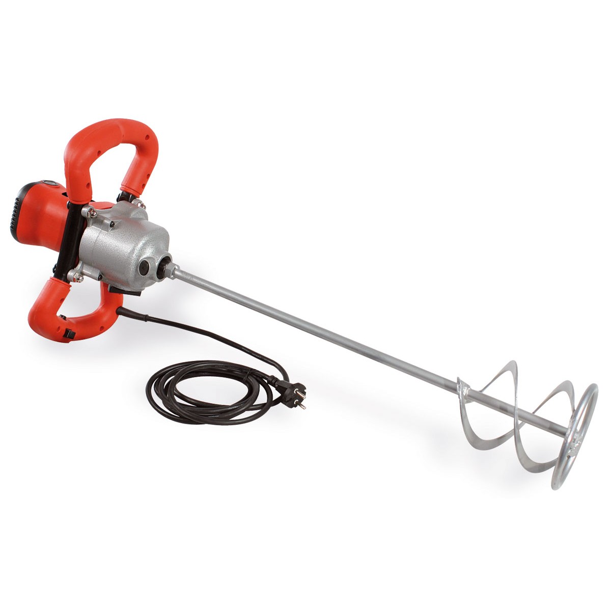 Elektrischer Rührquirl mit zwei Griffen, langem Mischstab und Spiralrührwerk, mit angeschlossenem Netzkabel auf hellem Hintergrund.