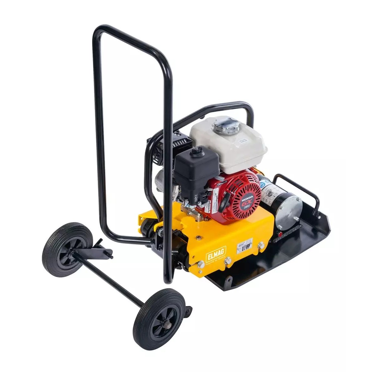 Gelbe Rüttelplatte mit Benzinmotor, großem Griffbügel und Transportrollen, schräg von oben fotografiert.