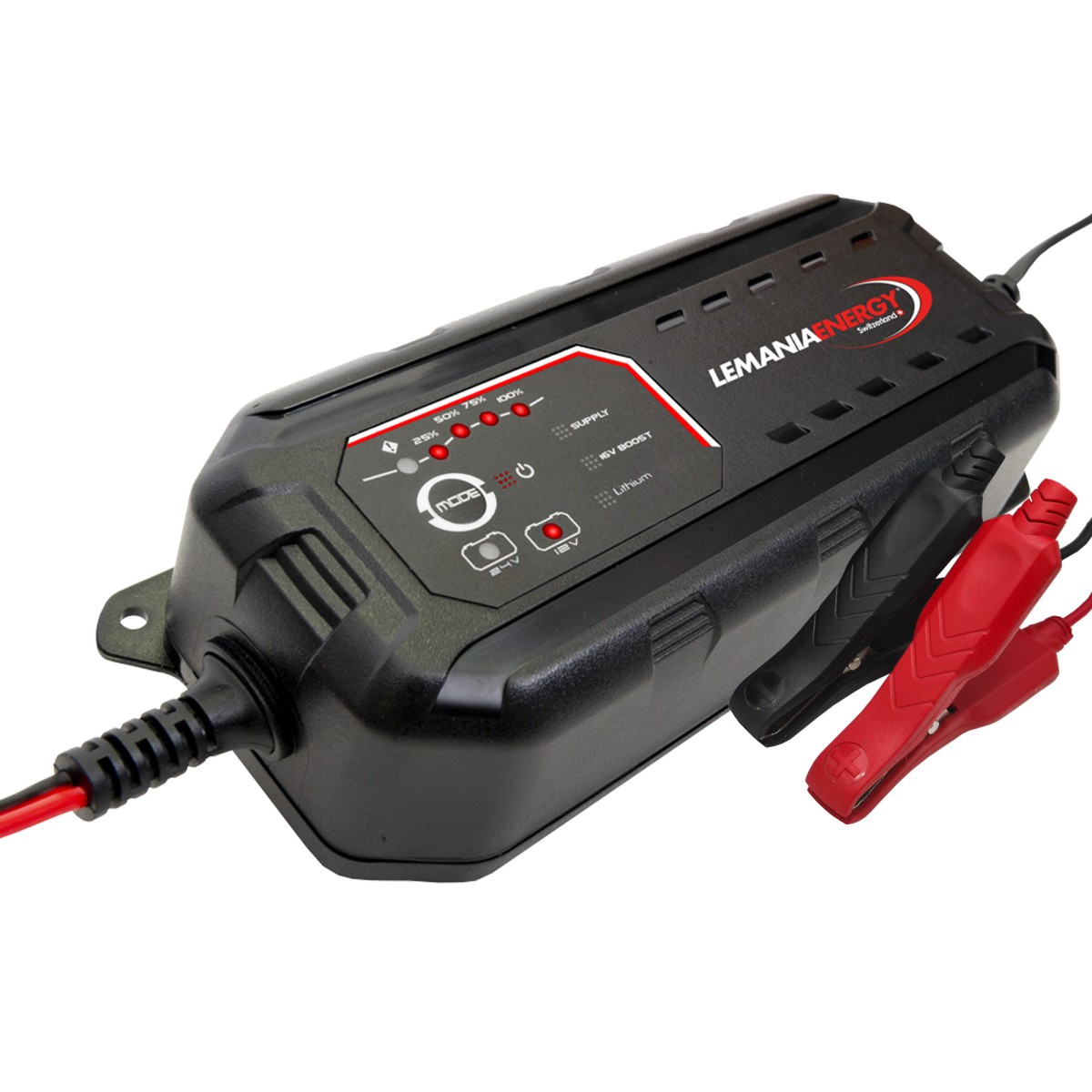 Schwarzes Batterie-Ladegerät mit Bedienfeld, LEDs und roten sowie schwarzen Ladezangen, schräg von vorn fotografiert.