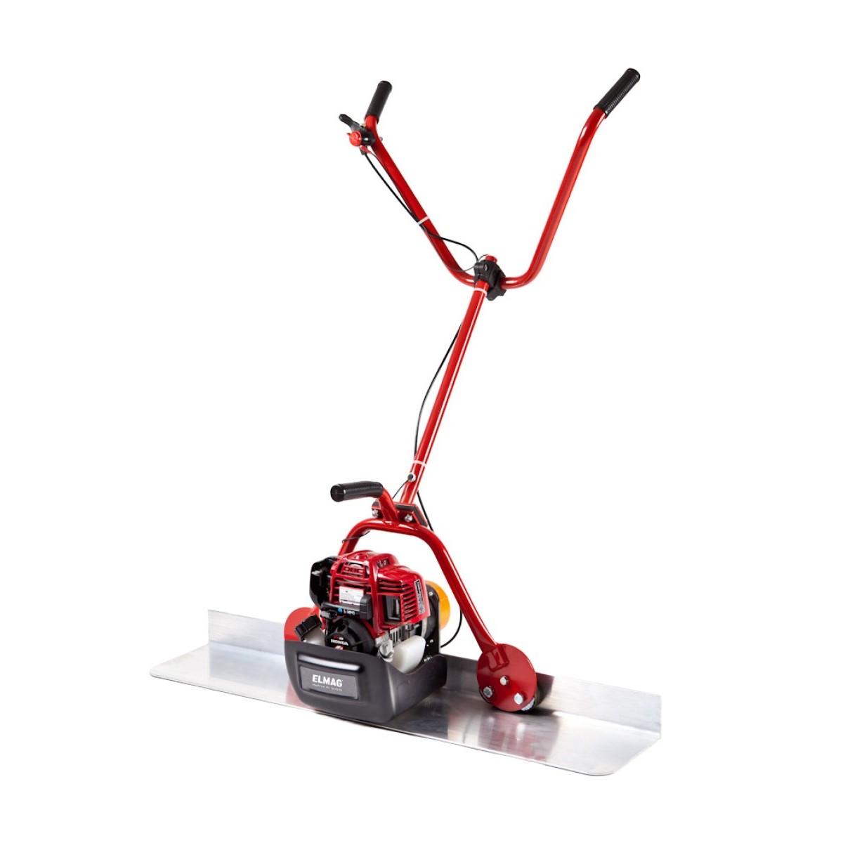 Motorbetriebene ELMAG-Abziehbohle mit rotem Führungsholm, Handgriffen, Benzinmotor und breiter Metall-Abziehschiene.