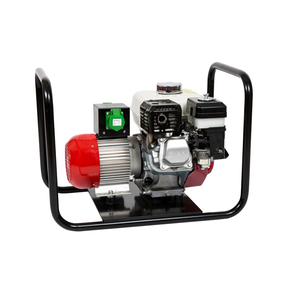 Benzin-Hochfrequenzumformer mit Motor, Generator, Steckdose und schwarzem Rohrrahmen.