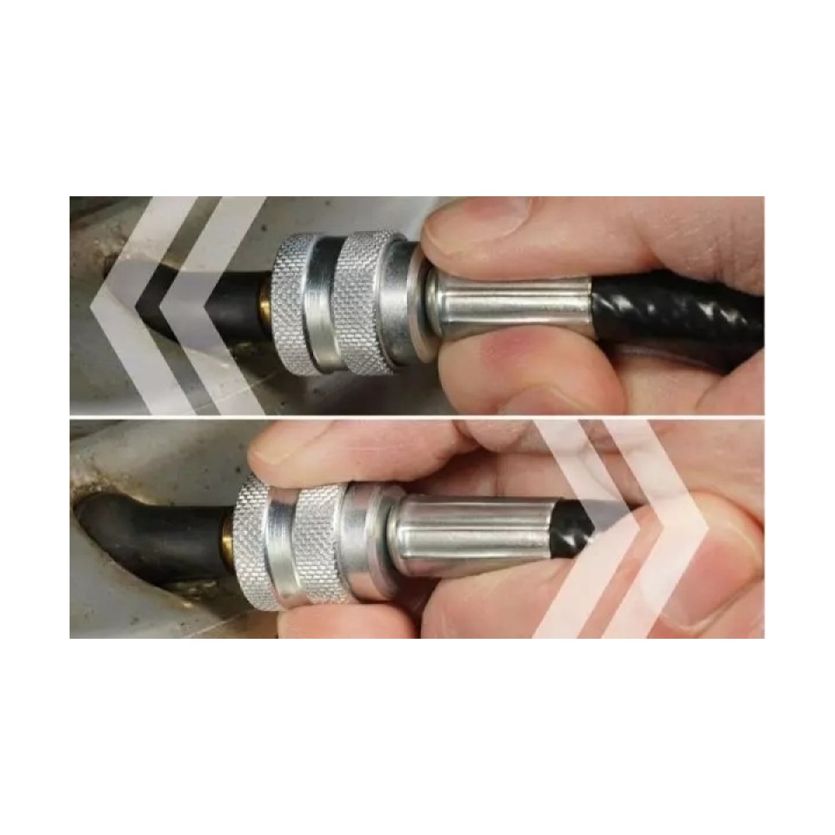 Reifenfüller JWL DIGITAL 0-10 bar Zweiteilige Nahaufnahme: Hand steckt Schnellkupplung am Schlauch auf ein Reifenventil; Pfeile zeigen Auf- und Abbewegung.