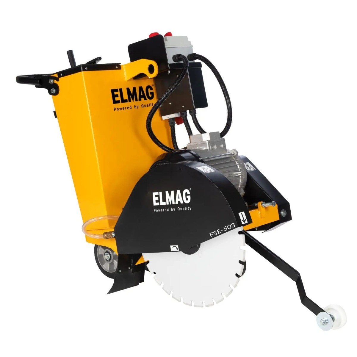 Schrägansicht der ELMAG-Fugenschneidmaschine FSE-503 mit großem Schneidblatt, Elektromotor, Schutzhaube und Führung.