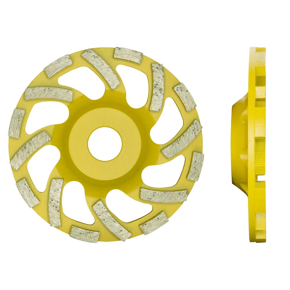 Gelbe Diamant-Schleifscheibe in Vorder- und Seitenansicht mit segmentierten Schleifflächen auf weißem Hintergrund.