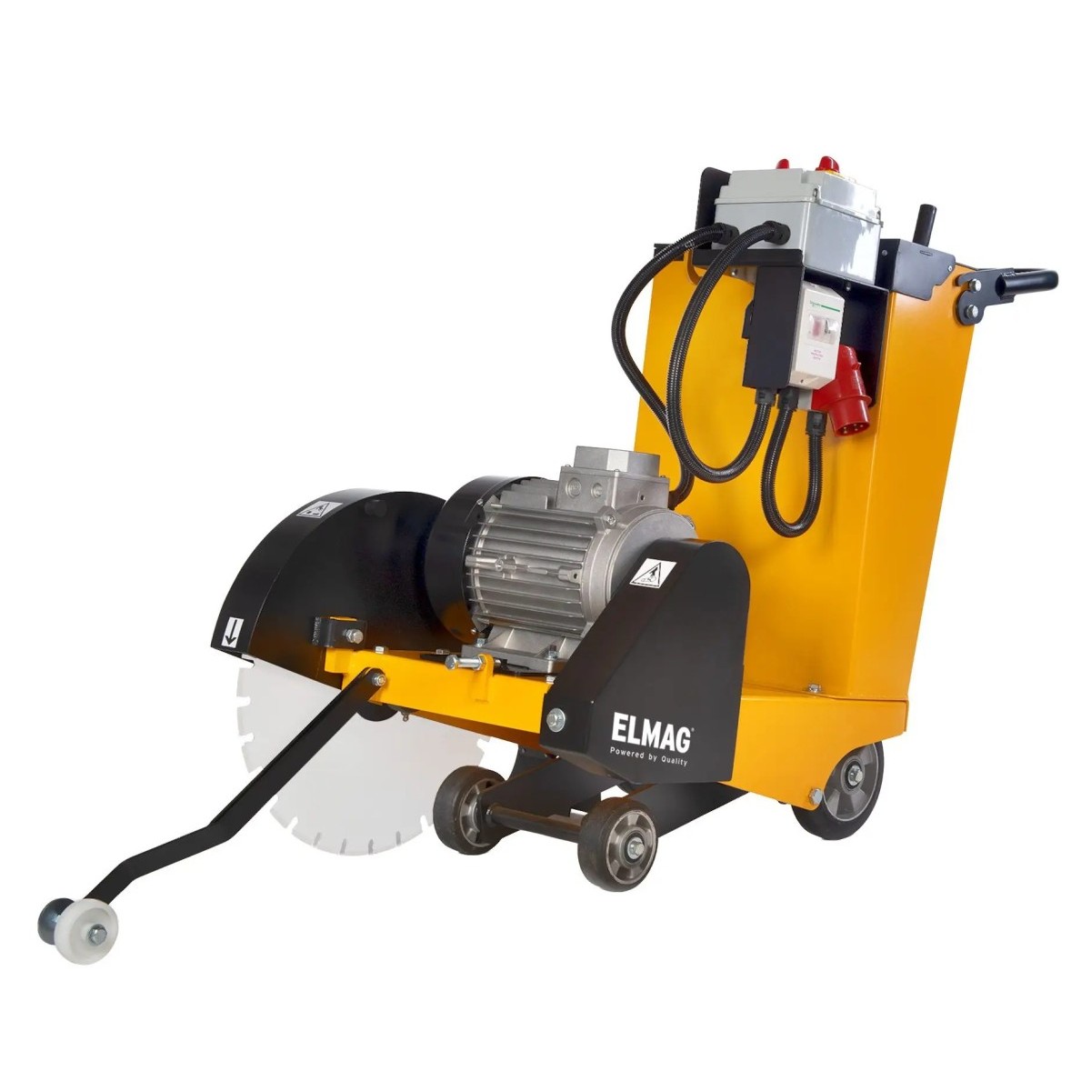 Rückseitige Schrägansicht der ELMAG-Fugenschneidmaschine mit Elektromotor, Anschlusskasten, Schneidblatt und Rädern.