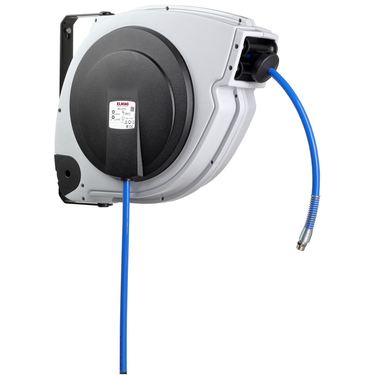 Wandmontierter automatischer Schlauchaufroller mit rundem Gehäuse und hervorgezogenem blauem Druckluftschlauch in seitlicher Ansicht.