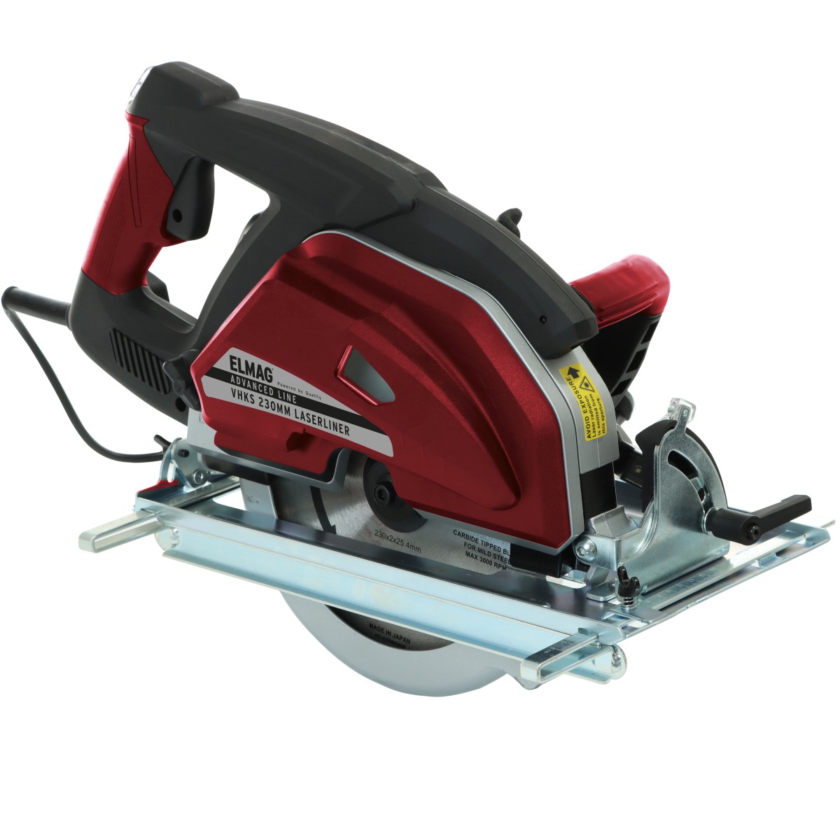 Handkreissäge von ELMAG in Rot-Schwarz mit montiertem Sägeblatt und Führungsschiene, seitliche Ansicht.