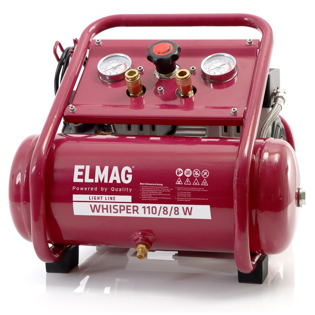 Kompakter Luftkompressor mit rotem Druckbehälter, zwei Manometern, zentralem Regler und geschütztem Rohrrahmengehäuse.